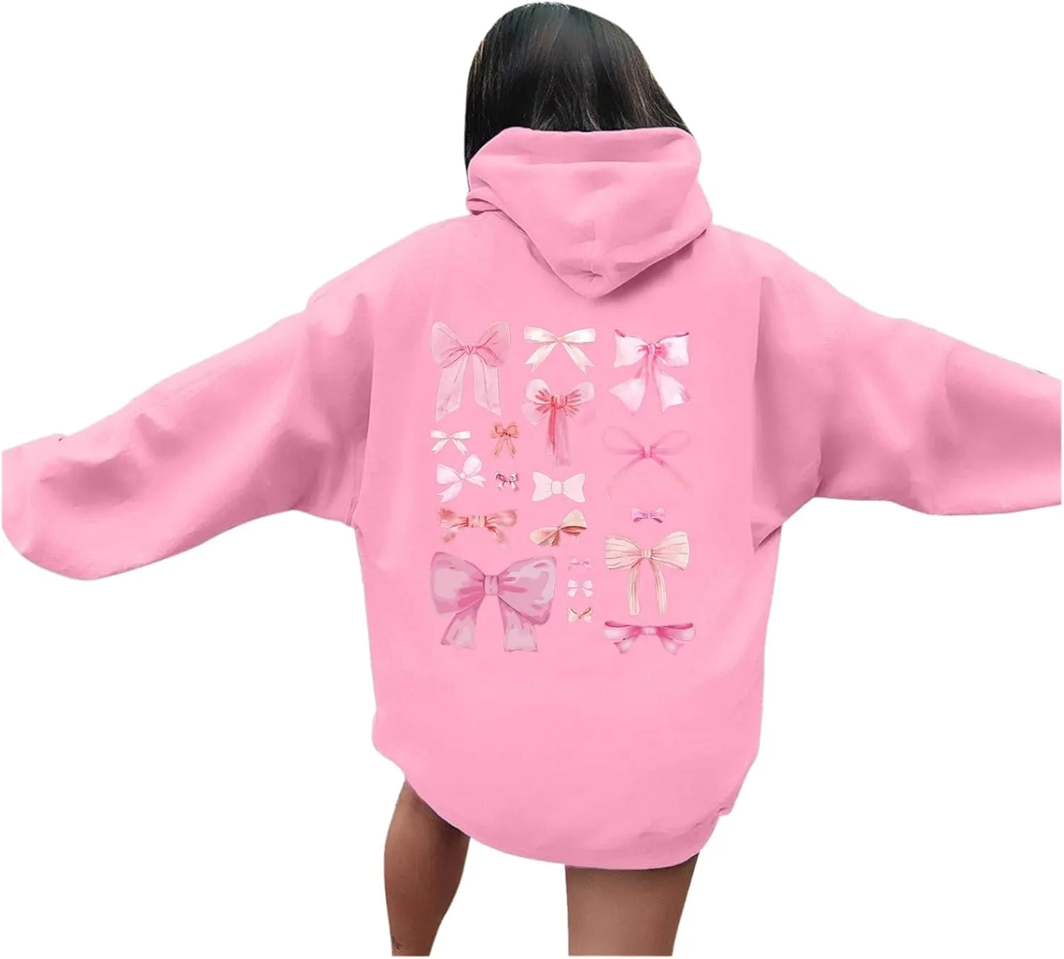 Women Cute Bow Print Hoodie Comfy Preppy Hooded Sweatshirt for Teen Girls Long Sleeve Drawstring Pullover Tops Pocket