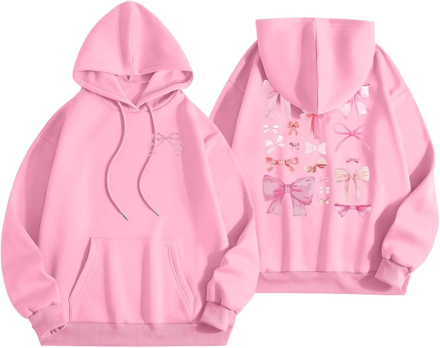 Women Cute Bow Print Hoodie Comfy Preppy Hooded Sweatshirt for Teen Girls Long Sleeve Drawstring Pullover Tops Pocket