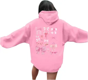 Women Cute Bow Print Hoodie Comfy Preppy Hooded Sweatshirt for Teen Girls Long Sleeve Drawstring Pullover Tops Pocket