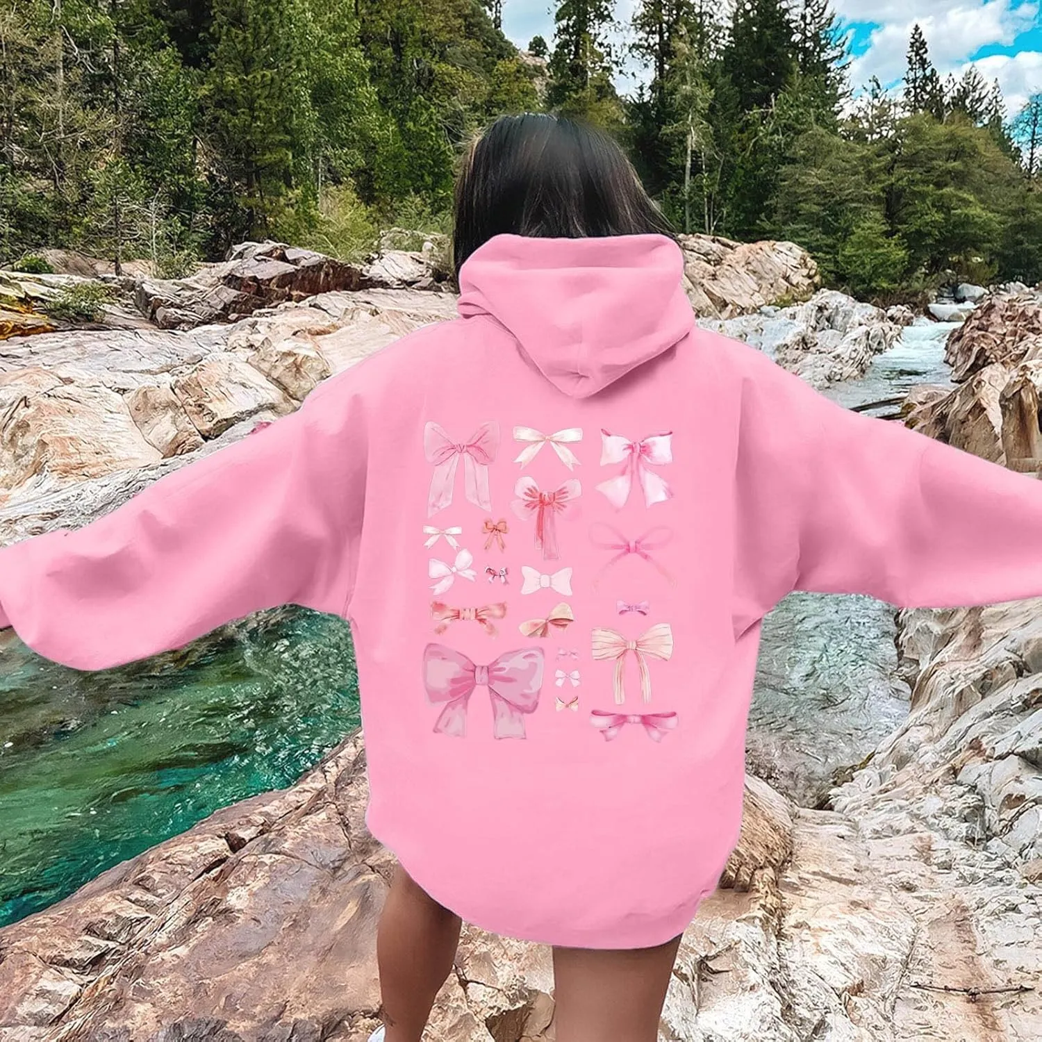 Women Cute Bow Print Hoodie Comfy Preppy Hooded Sweatshirt for Teen Girls Long Sleeve Drawstring Pullover Tops Pocket