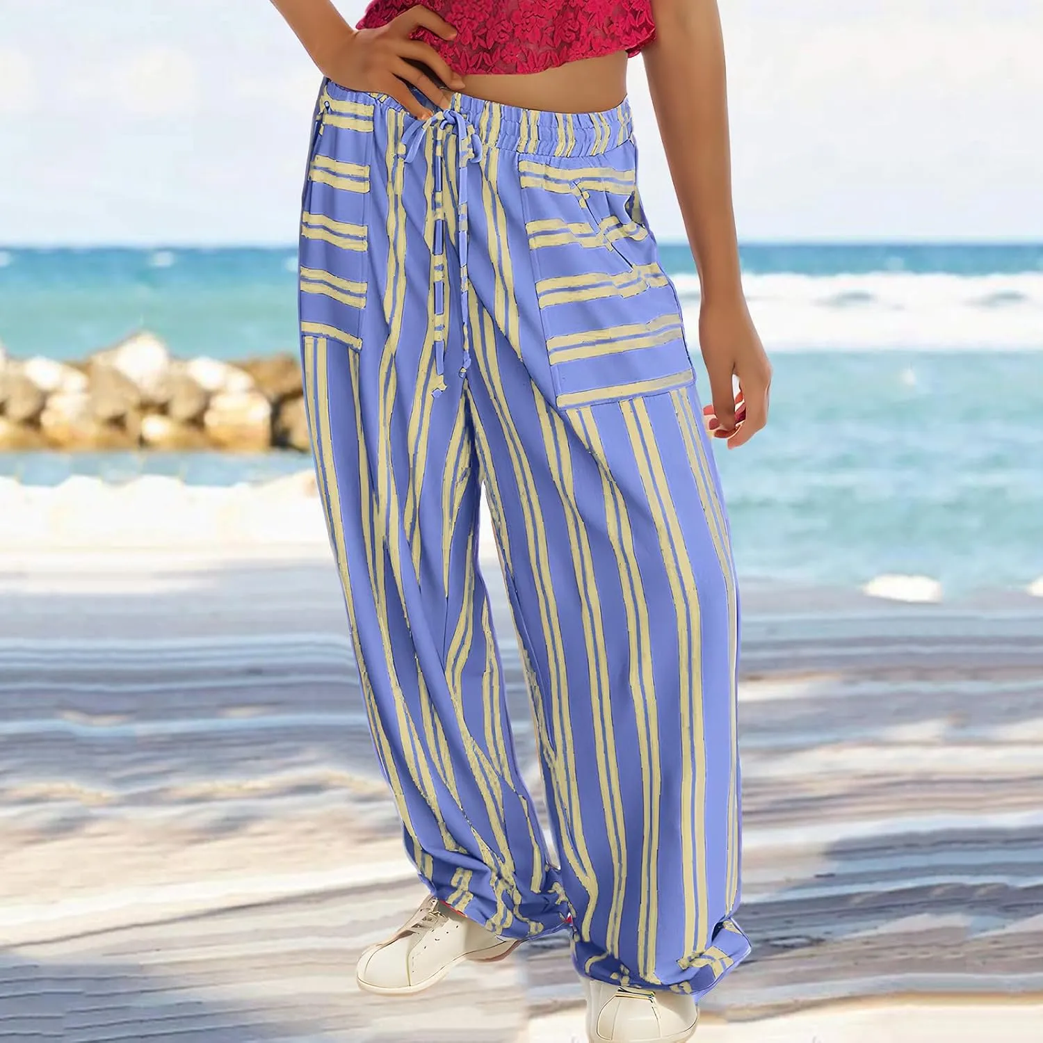 Women Drawstring Stripe Wide Leg Trousers Low Rise Casual Loose Lounge Pants with Pockets, Large, 02-blue