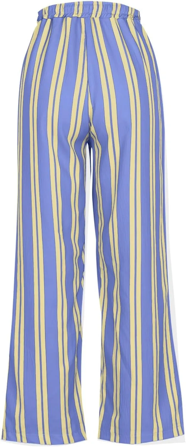 Women Drawstring Stripe Wide Leg Trousers Low Rise Casual Loose Lounge Pants with Pockets, Large, 02-blue