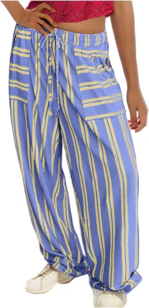Women Drawstring Stripe Wide Leg Trousers Low Rise Casual Loose Lounge Pants with Pockets, Large, 02-blue