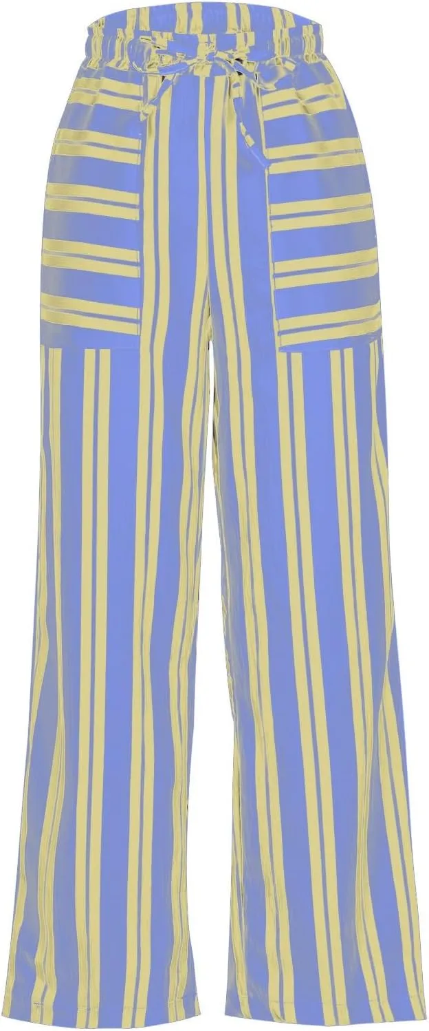 Women Drawstring Stripe Wide Leg Trousers Low Rise Casual Loose Lounge Pants with Pockets, Large, 02-blue