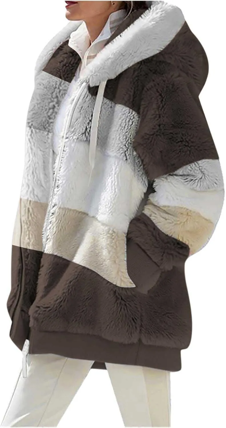 Women Faux Fur Zip Up Hoodies Sherpa Lined Winter Jackets Warm Plush Coat Oversized Fleece Warm Hoodie Outwear
