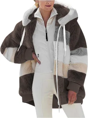 Women Faux Fur Zip Up Hoodies Sherpa Lined Winter Jackets Warm Plush Coat Oversized Fleece Warm Hoodie Outwear
