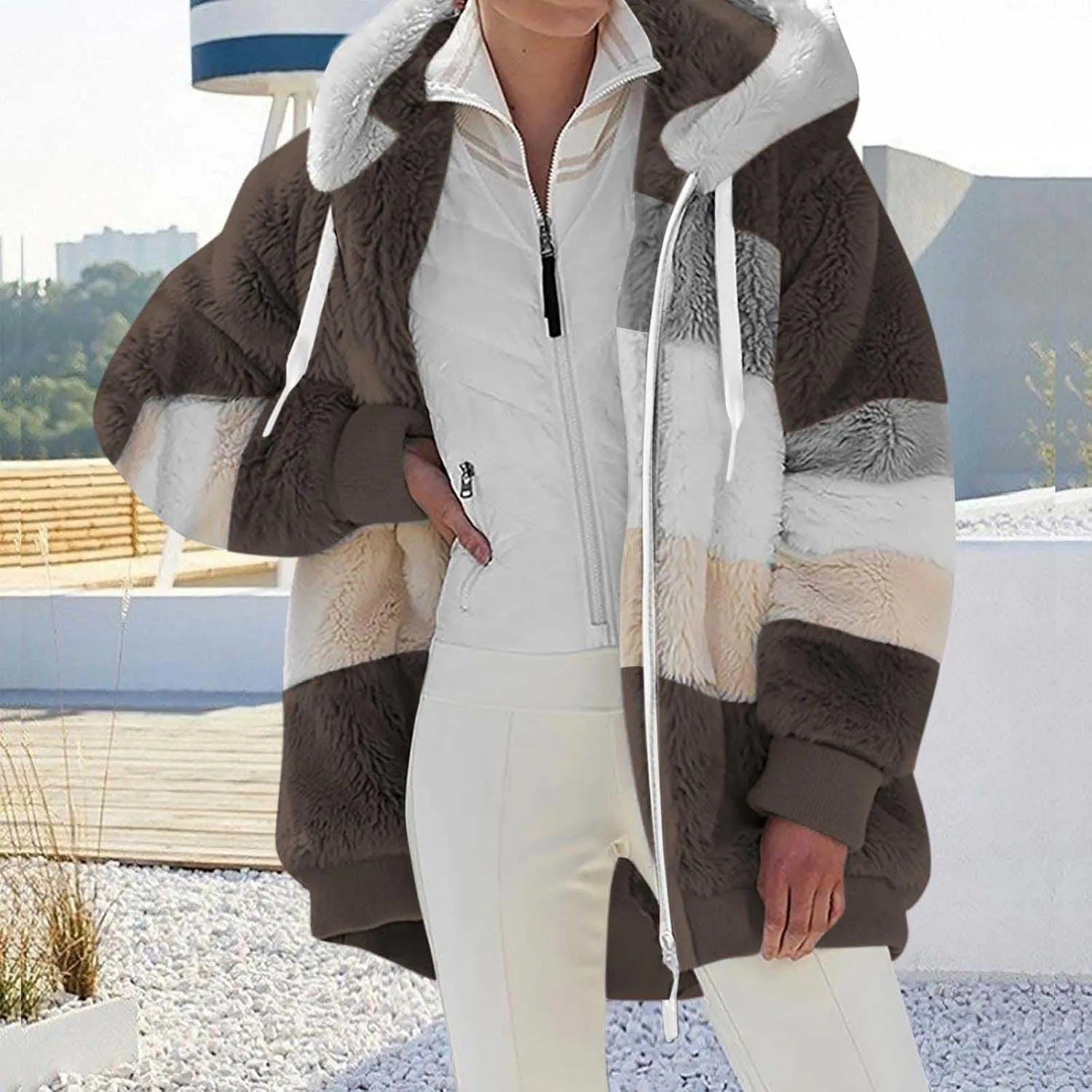 Women Faux Fur Zip Up Hoodies Sherpa Lined Winter Jackets Warm Plush Coat Oversized Fleece Warm Hoodie Outwear