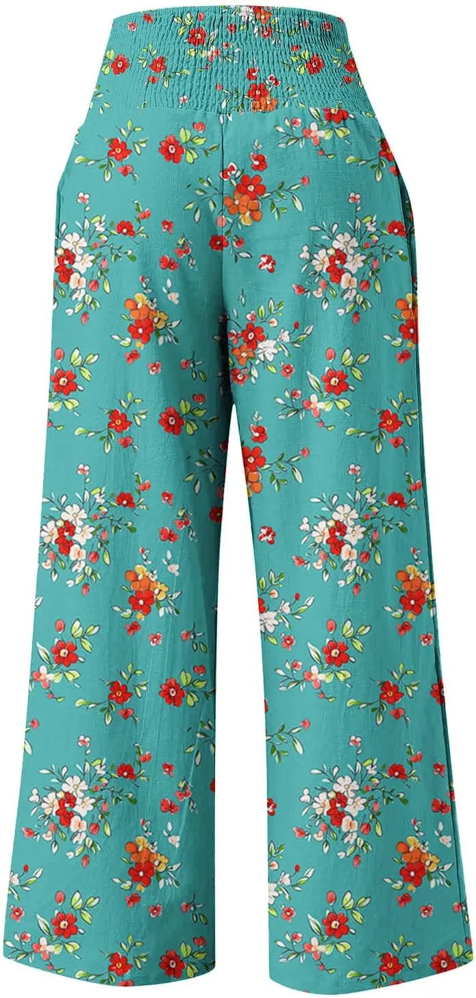 Women Floral Print Linen Palazzo Pants Summer Boho Wide Leg High Waist Lounge Pant Beach Travel Vacation Outfits