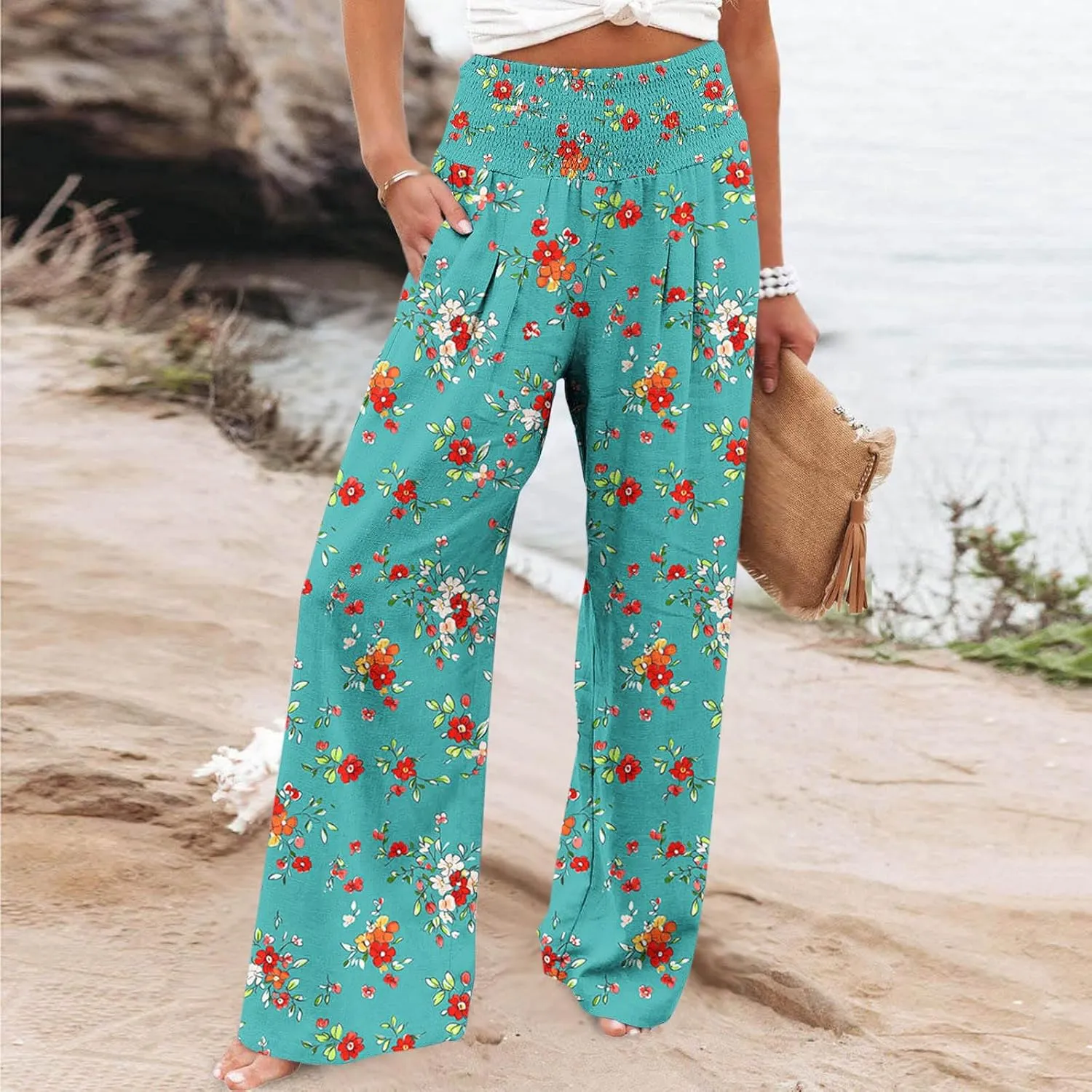 Women Floral Print Linen Palazzo Pants Summer Boho Wide Leg High Waist Lounge Pant Beach Travel Vacation Outfits