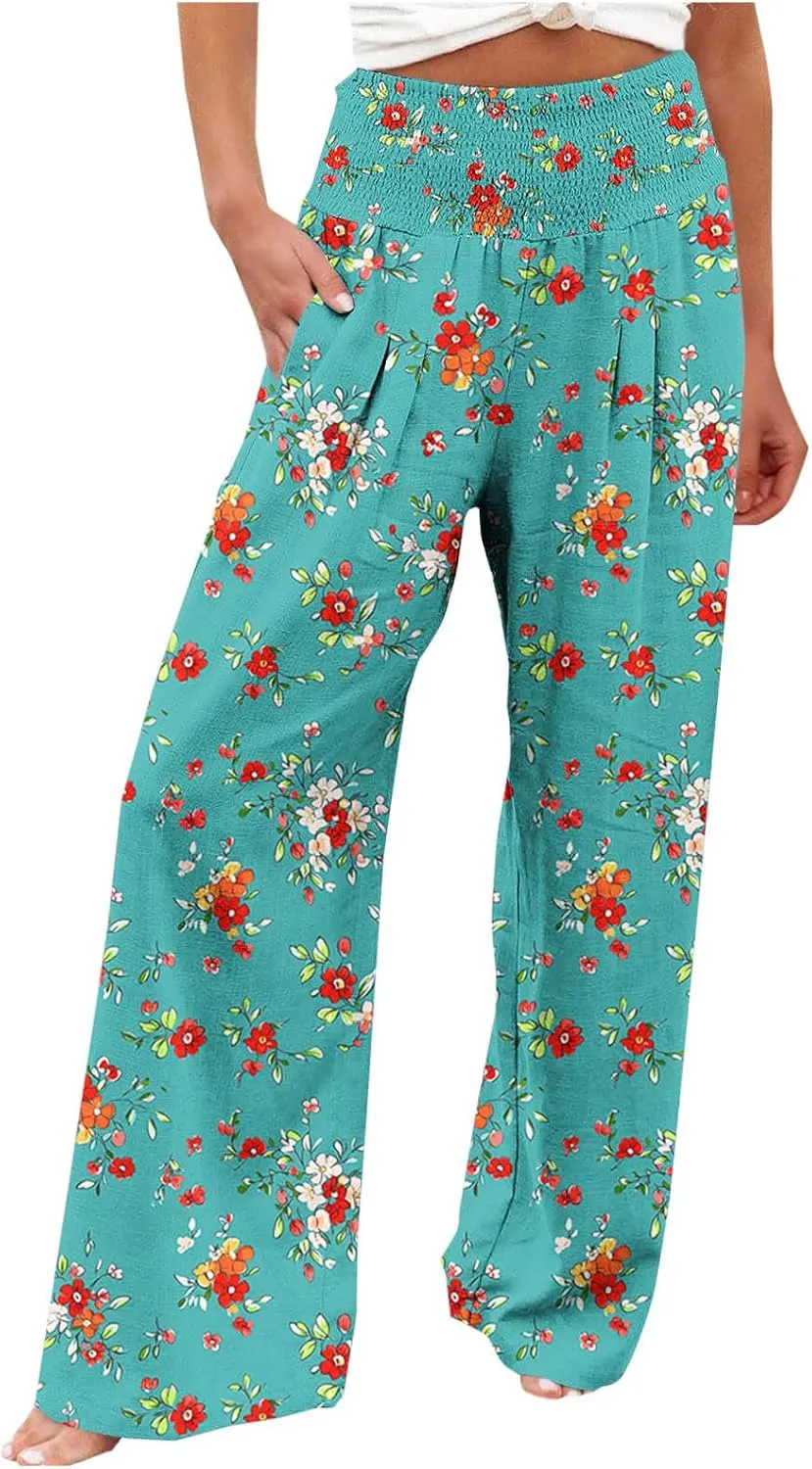 Women Floral Print Linen Palazzo Pants Summer Boho Wide Leg High Waist Lounge Pant Beach Travel Vacation Outfits