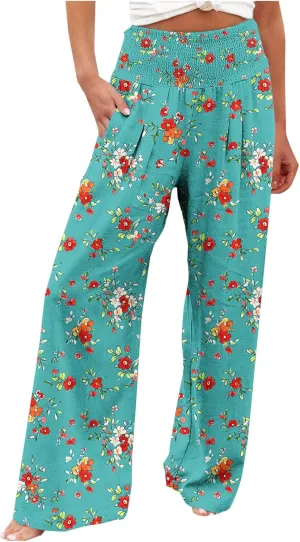 Women Floral Print Linen Palazzo Pants Summer Boho Wide Leg High Waist Lounge Pant Beach Travel Vacation Outfits