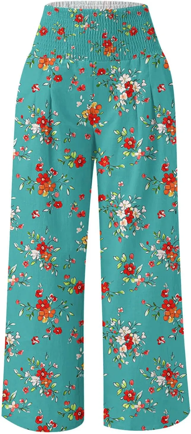 Women Floral Print Linen Palazzo Pants Summer Boho Wide Leg High Waist Lounge Pant Beach Travel Vacation Outfits