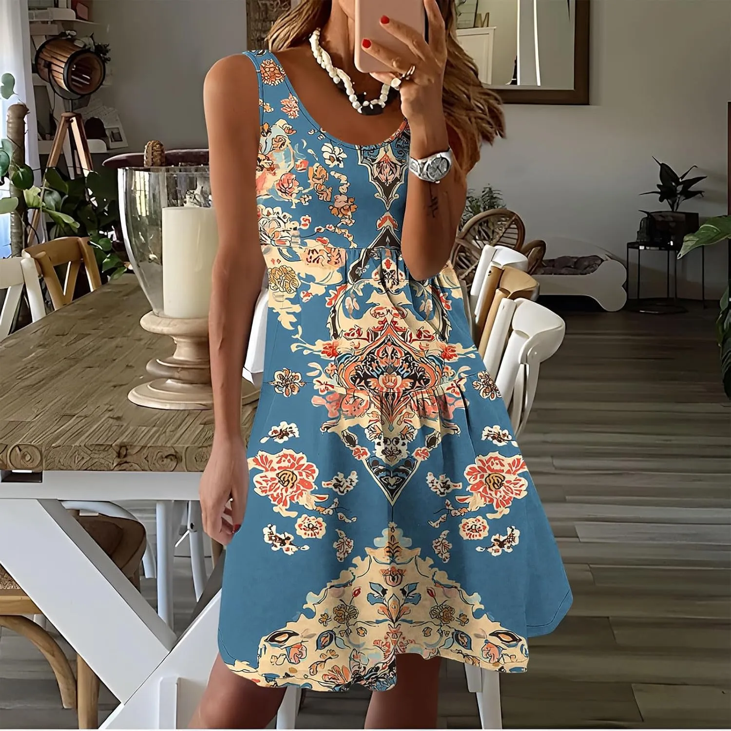Women Floral Tiered Ruffle Mini Sundress Summer Sleeveless Crewneck A-Line Dresses Flowy Casual Beach Vacation Dress