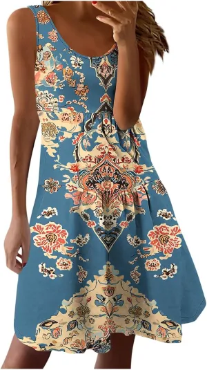 Women Floral Tiered Ruffle Mini Sundress Summer Sleeveless Crewneck A-Line Dresses Flowy Casual Beach Vacation Dress