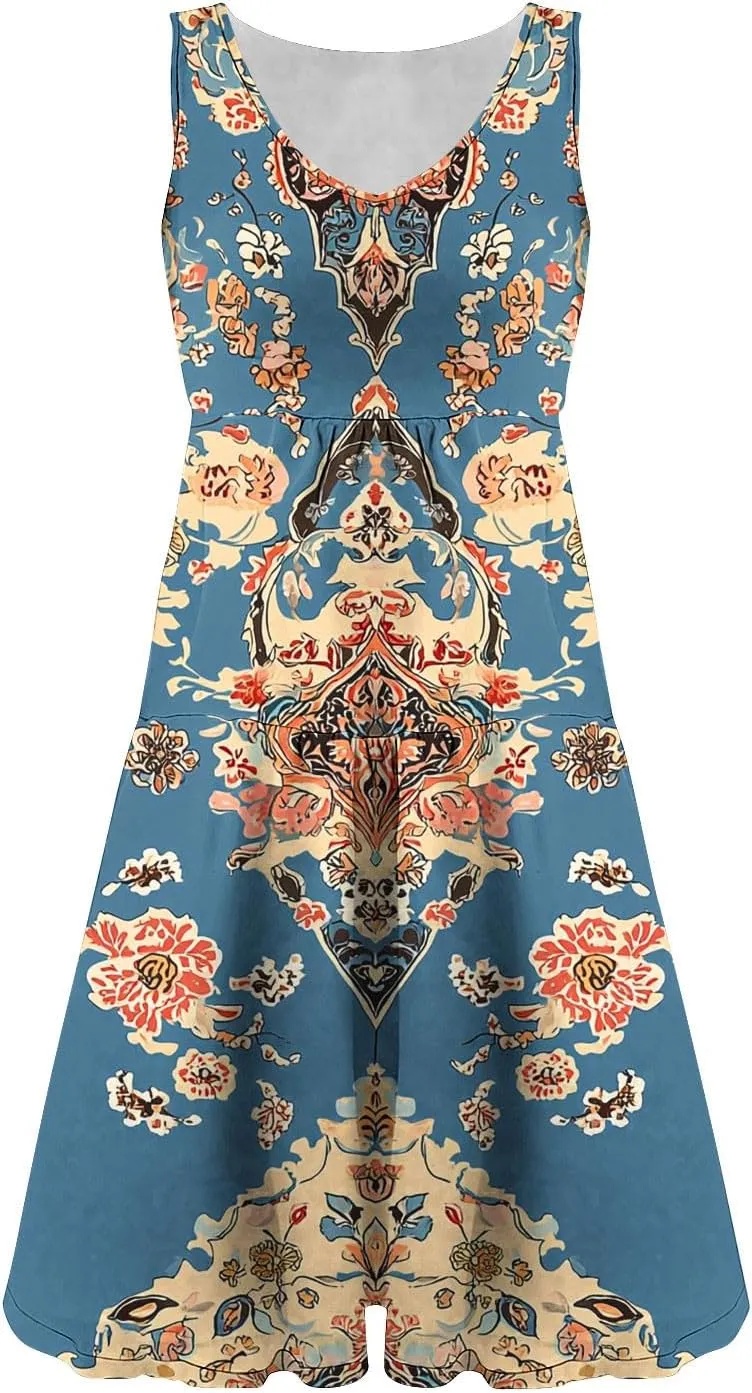 Women Floral Tiered Ruffle Mini Sundress Summer Sleeveless Crewneck A-Line Dresses Flowy Casual Beach Vacation Dress