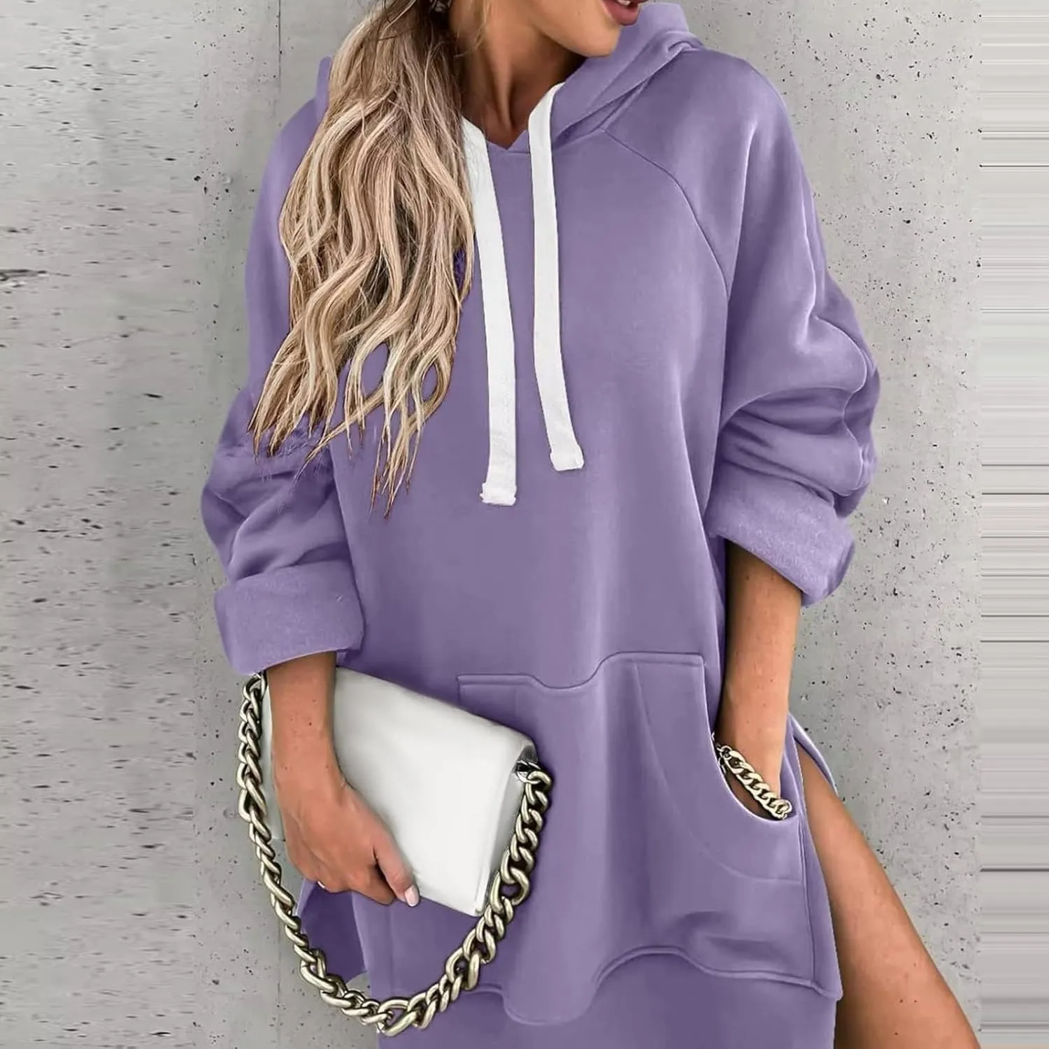 Women Hooded Sweatshirt Dress The Warmy Oversized Hoodie Dress Casual Drawstring Long Sweatshirt Trendy Split Hem Tops