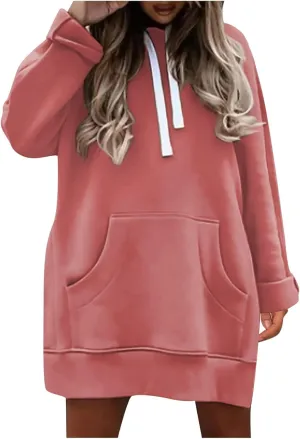 Women Hooded Sweatshirt Dress The Warmy Oversized Hoodie Dress Casual Drawstring Long Sweatshirt Trendy Split Hem Tops