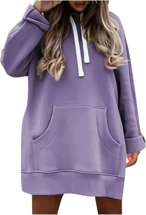 Women Hooded Sweatshirt Dress The Warmy Oversized Hoodie Dress Casual Drawstring Long Sweatshirt Trendy Split Hem Tops