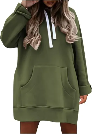 Women Hooded Sweatshirt Dress The Warmy Oversized Hoodie Dress Casual Drawstring Long Sweatshirt Trendy Split Hem Tops