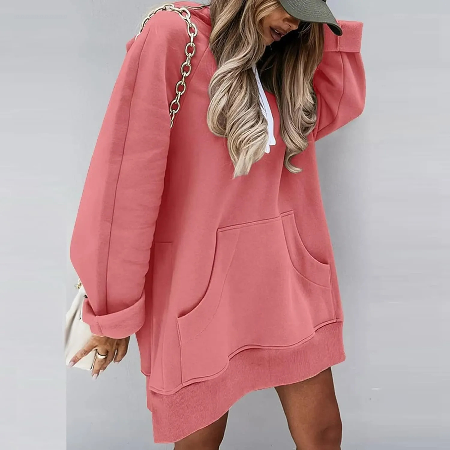 Women Hooded Sweatshirt Dress The Warmy Oversized Hoodie Dress Casual Drawstring Long Sweatshirt Trendy Split Hem Tops