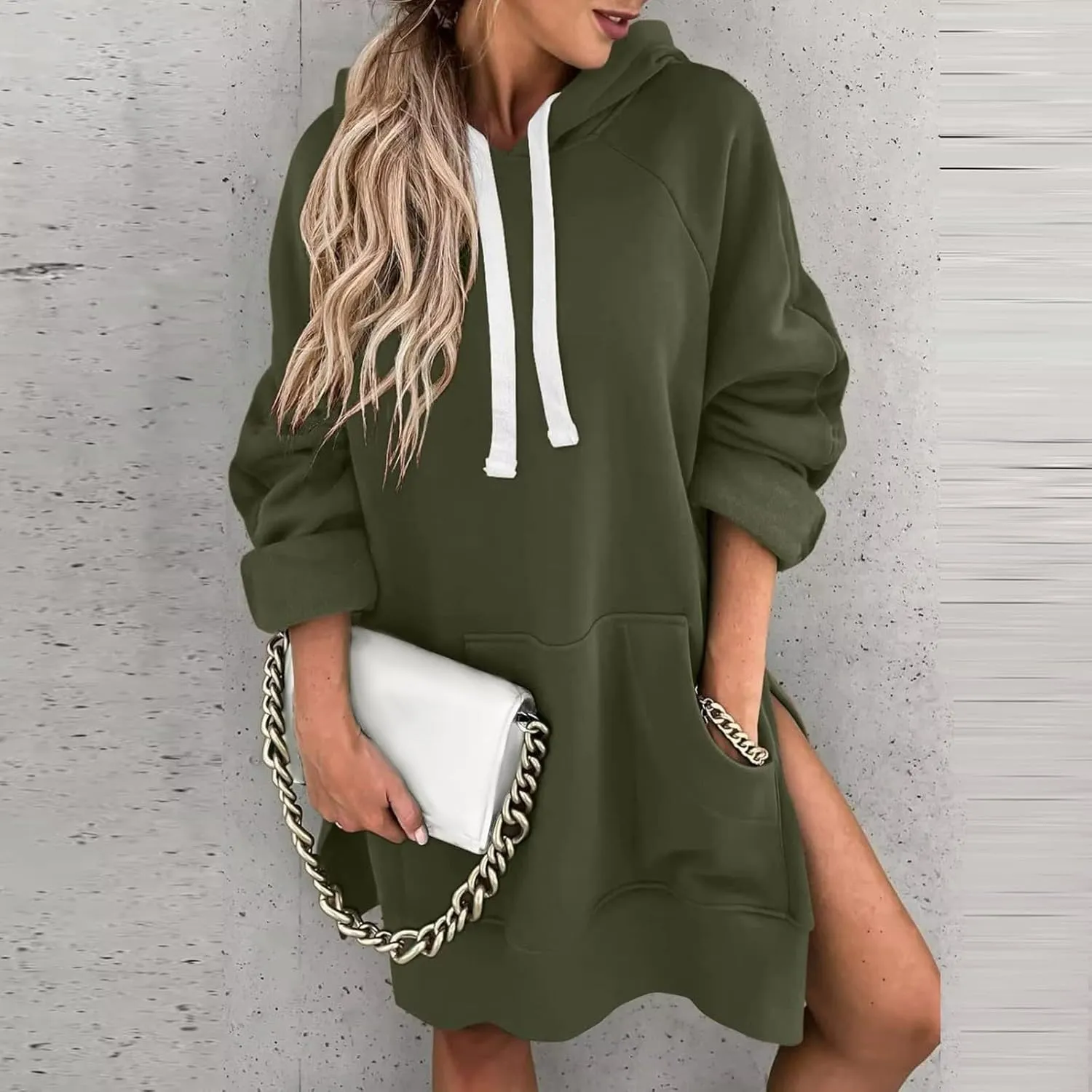 Women Hooded Sweatshirt Dress The Warmy Oversized Hoodie Dress Casual Drawstring Long Sweatshirt Trendy Split Hem Tops