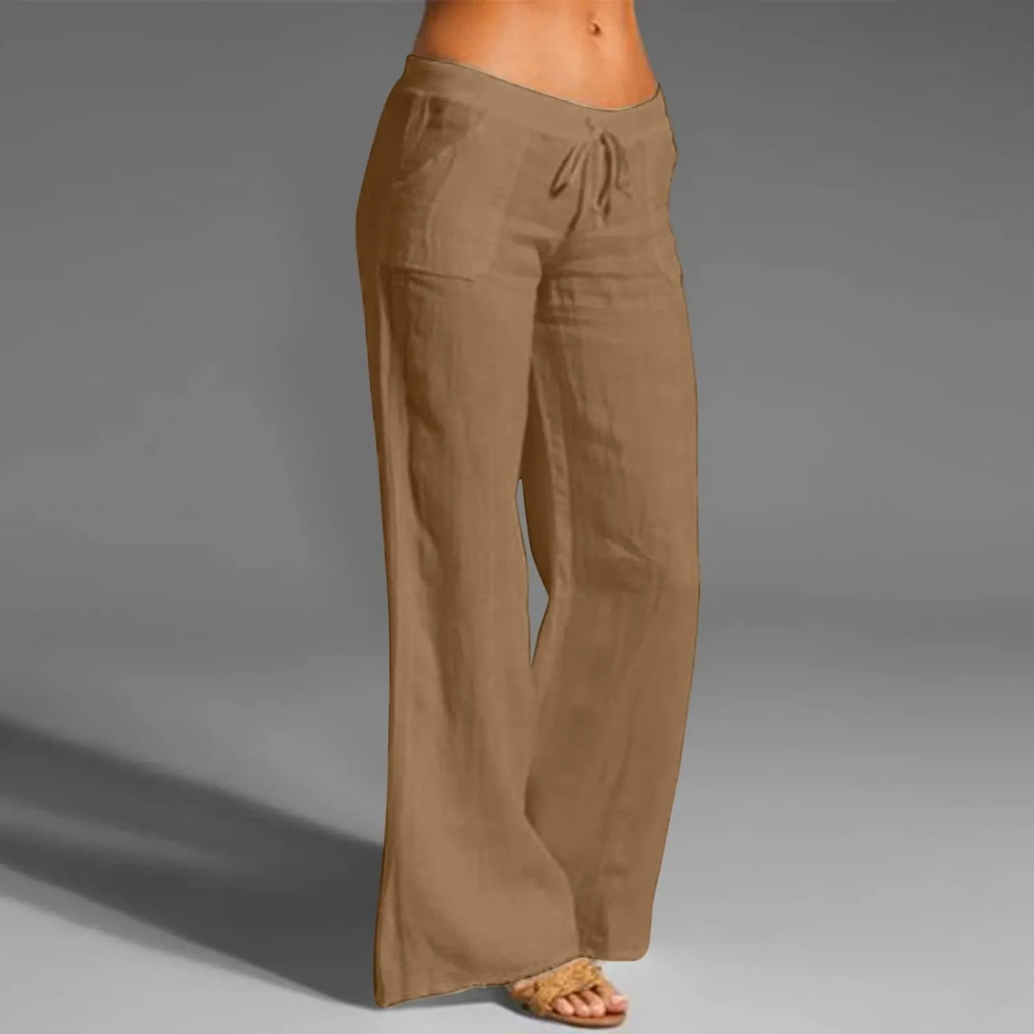 Women Linen Blend Summer Striped Palazzo Pants Elastic Waist Wide Leg Loose Fit Trouser Vacation