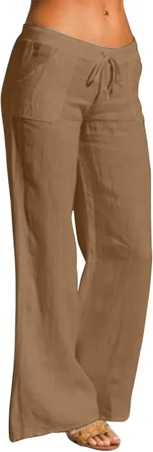 Women Linen Blend Summer Striped Palazzo Pants Elastic Waist Wide Leg Loose Fit Trouser Vacation