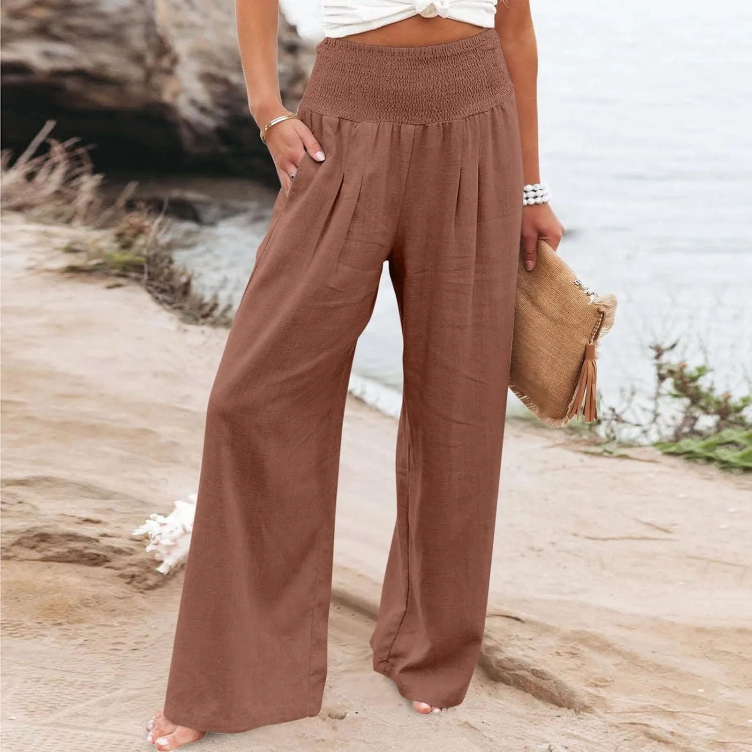 Women Linen Palazzo Pants Wide Leg High Waisted Long Lounge Pant 2025 Summer Beach Vacation Outfits Pockets Trousers