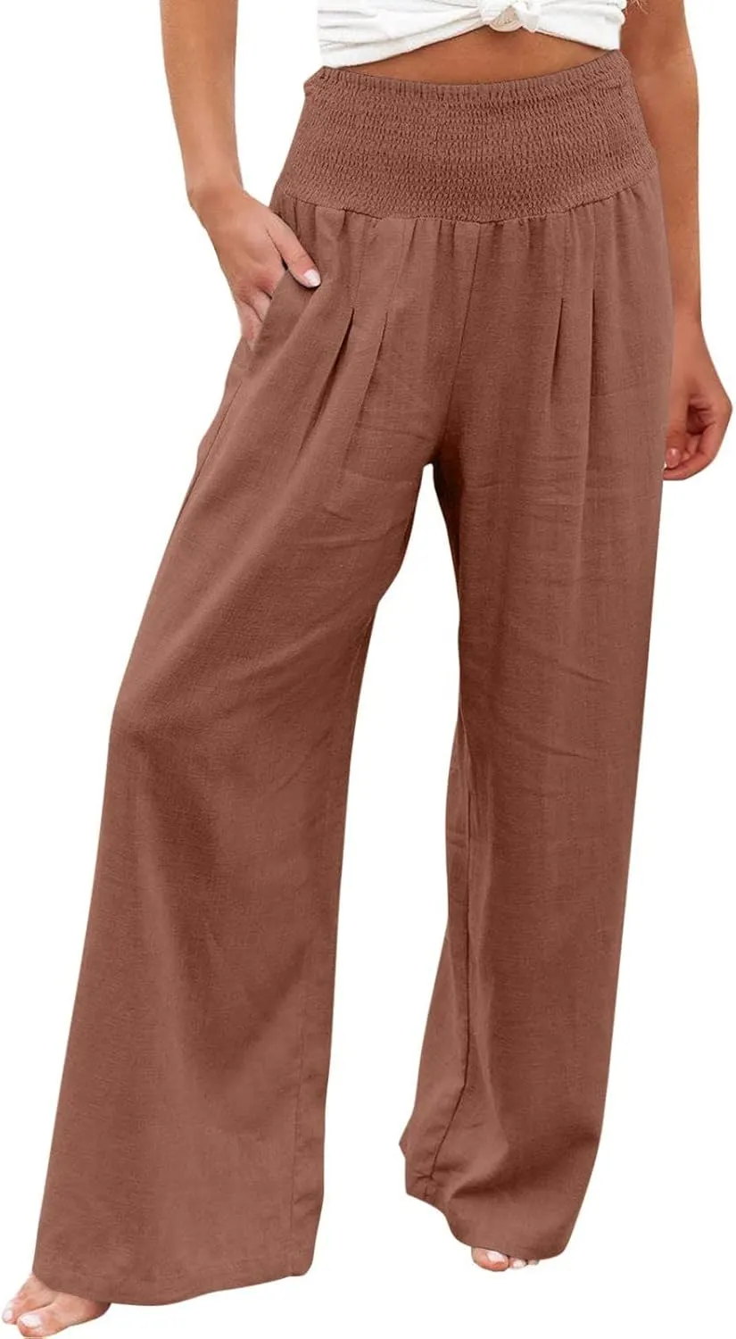 Women Linen Palazzo Pants Wide Leg High Waisted Long Lounge Pant 2025 Summer Beach Vacation Outfits Pockets Trousers