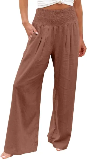 Women Linen Palazzo Pants Wide Leg High Waisted Long Lounge Pant 2025 Summer Beach Vacation Outfits Pockets Trousers