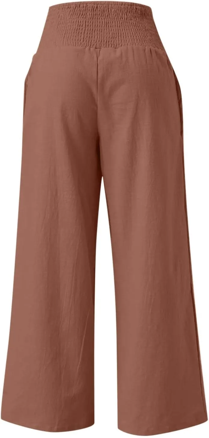 Women Linen Palazzo Pants Wide Leg High Waisted Long Lounge Pant 2025 Summer Beach Vacation Outfits Pockets Trousers