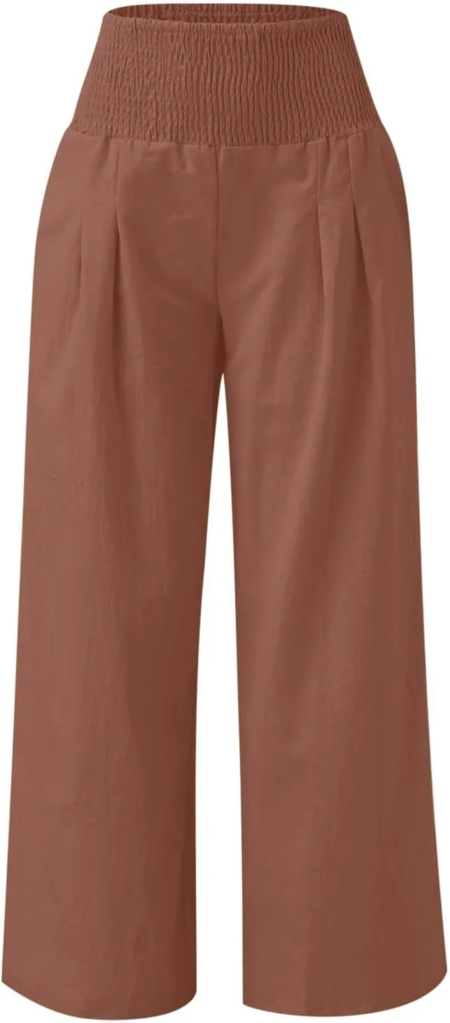 Women Linen Palazzo Pants Wide Leg High Waisted Long Lounge Pant 2025 Summer Beach Vacation Outfits Pockets Trousers