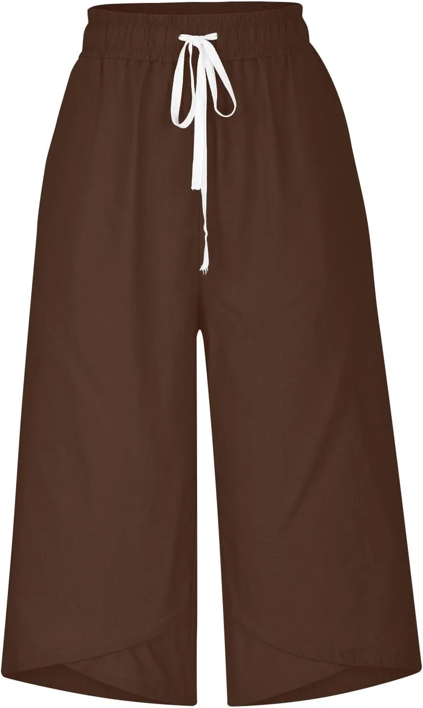 Women Linen Pants 2025 Casual Loose High Waist Trousers Drawstring Wide Leg Cropped Palazzo Beach Pants Summer Outfit