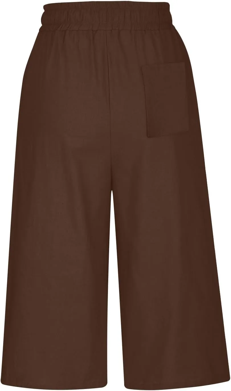 Women Linen Pants 2025 Casual Loose High Waist Trousers Drawstring Wide Leg Cropped Palazzo Beach Pants Summer Outfit