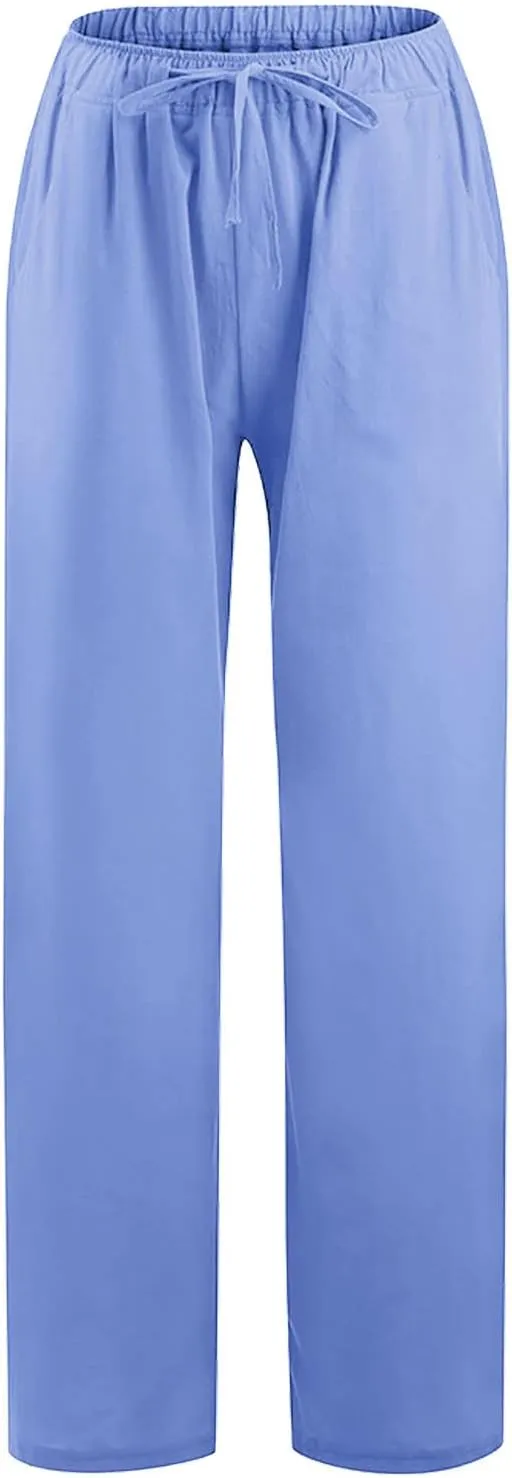 Women Linen Pants Wide Leg High Wasited Drawstring Beach Pants with Pockets Casual Loose Summer Lounge Pant