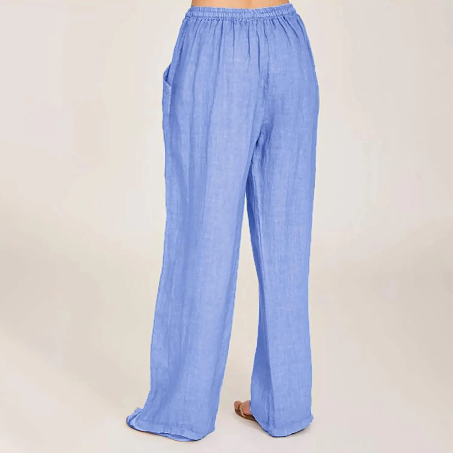 Women Linen Pants Wide Leg High Wasited Drawstring Beach Pants with Pockets Casual Loose Summer Lounge Pant