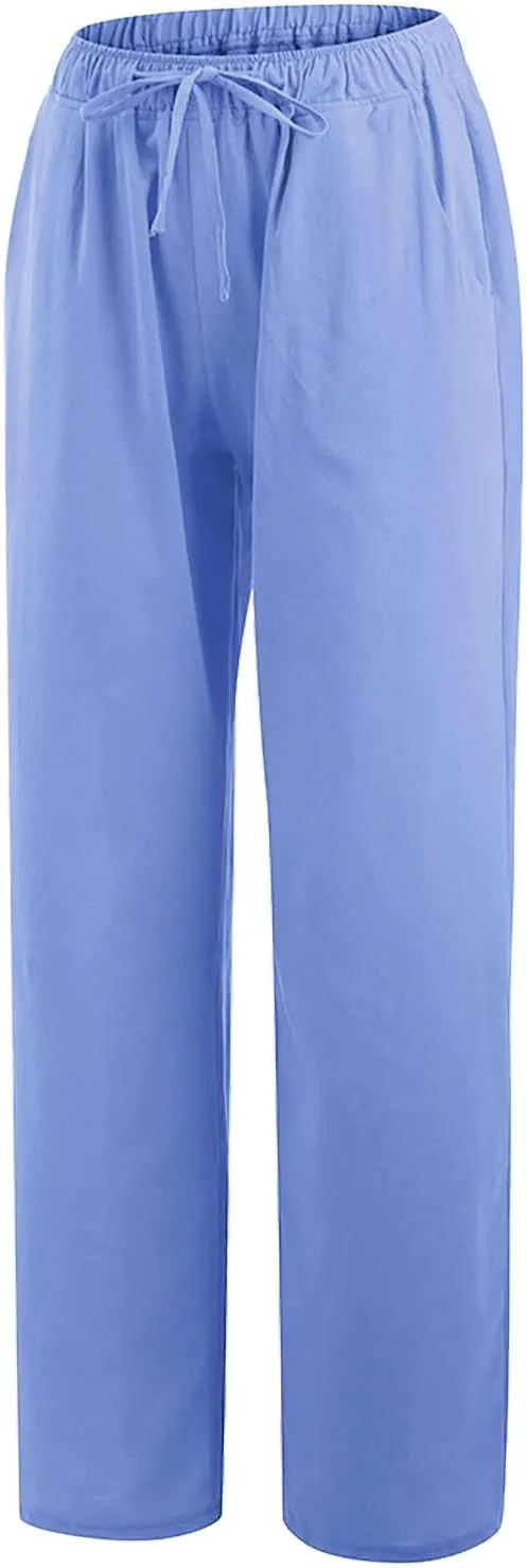 Women Linen Pants Wide Leg High Wasited Drawstring Beach Pants with Pockets Casual Loose Summer Lounge Pant