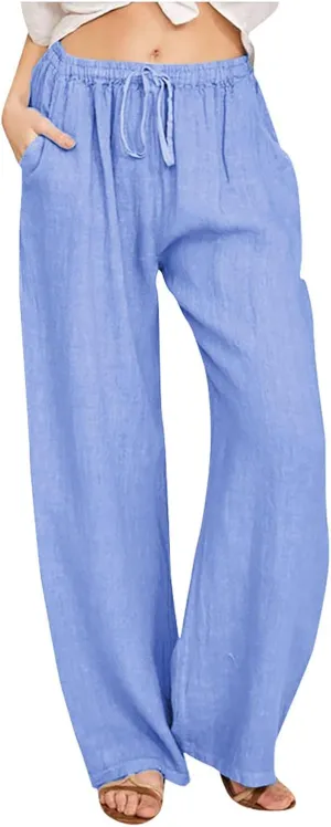 Women Linen Pants Wide Leg High Wasited Drawstring Beach Pants with Pockets Casual Loose Summer Lounge Pant