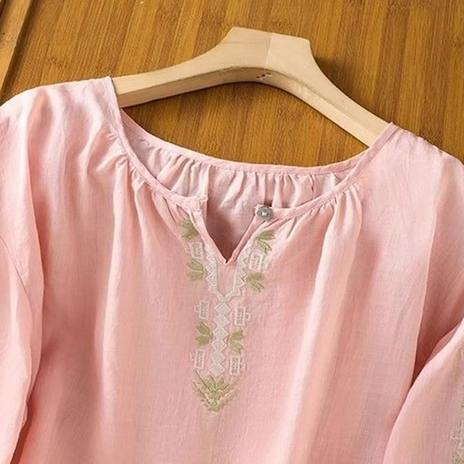Women Linen Shirts V-Neck Embroidered Blouse Lapel Collar 2025 Fashion Tops Short Sleeve Loose Fit Tunic Tops