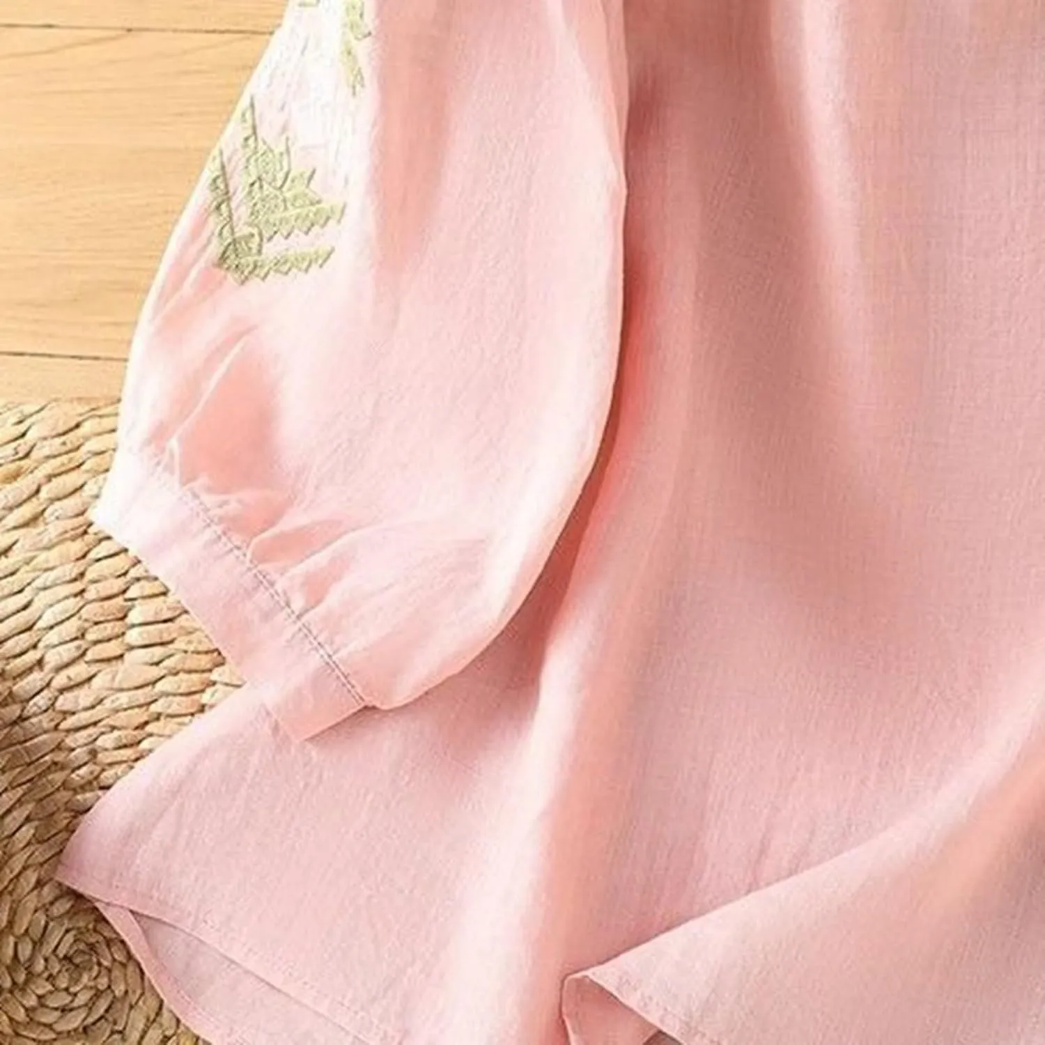Women Linen Shirts V-Neck Embroidered Blouse Lapel Collar 2025 Fashion Tops Short Sleeve Loose Fit Tunic Tops
