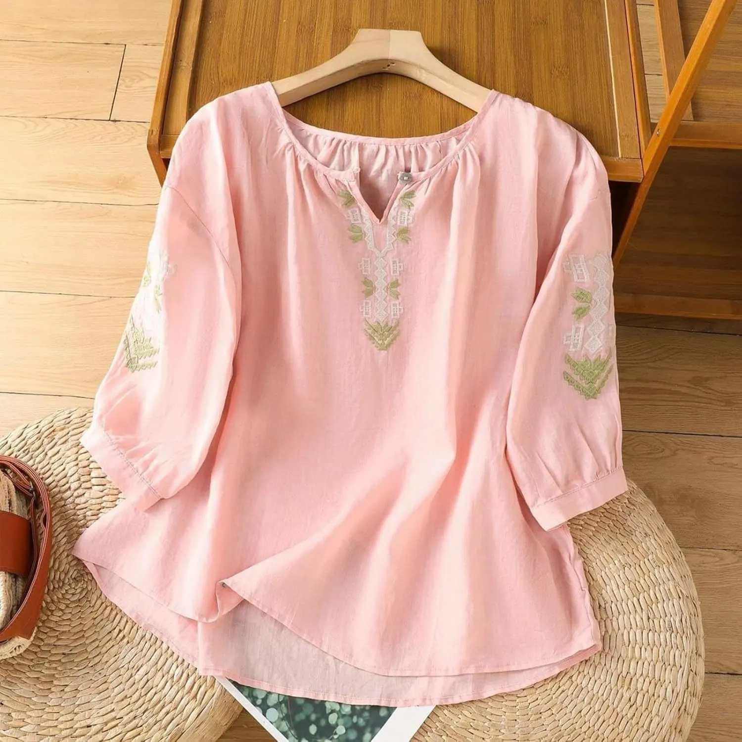 Women Linen Shirts V-Neck Embroidered Blouse Lapel Collar 2025 Fashion Tops Short Sleeve Loose Fit Tunic Tops
