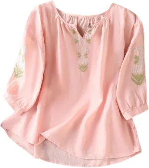Women Linen Shirts V-Neck Embroidered Blouse Lapel Collar 2025 Fashion Tops Short Sleeve Loose Fit Tunic Tops