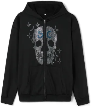 Women Men Oversized Zip Up Hoodie Sweatshirt Rhinestone Skeleton Sweatshirt Loose Fit Aesthetic Hoodies