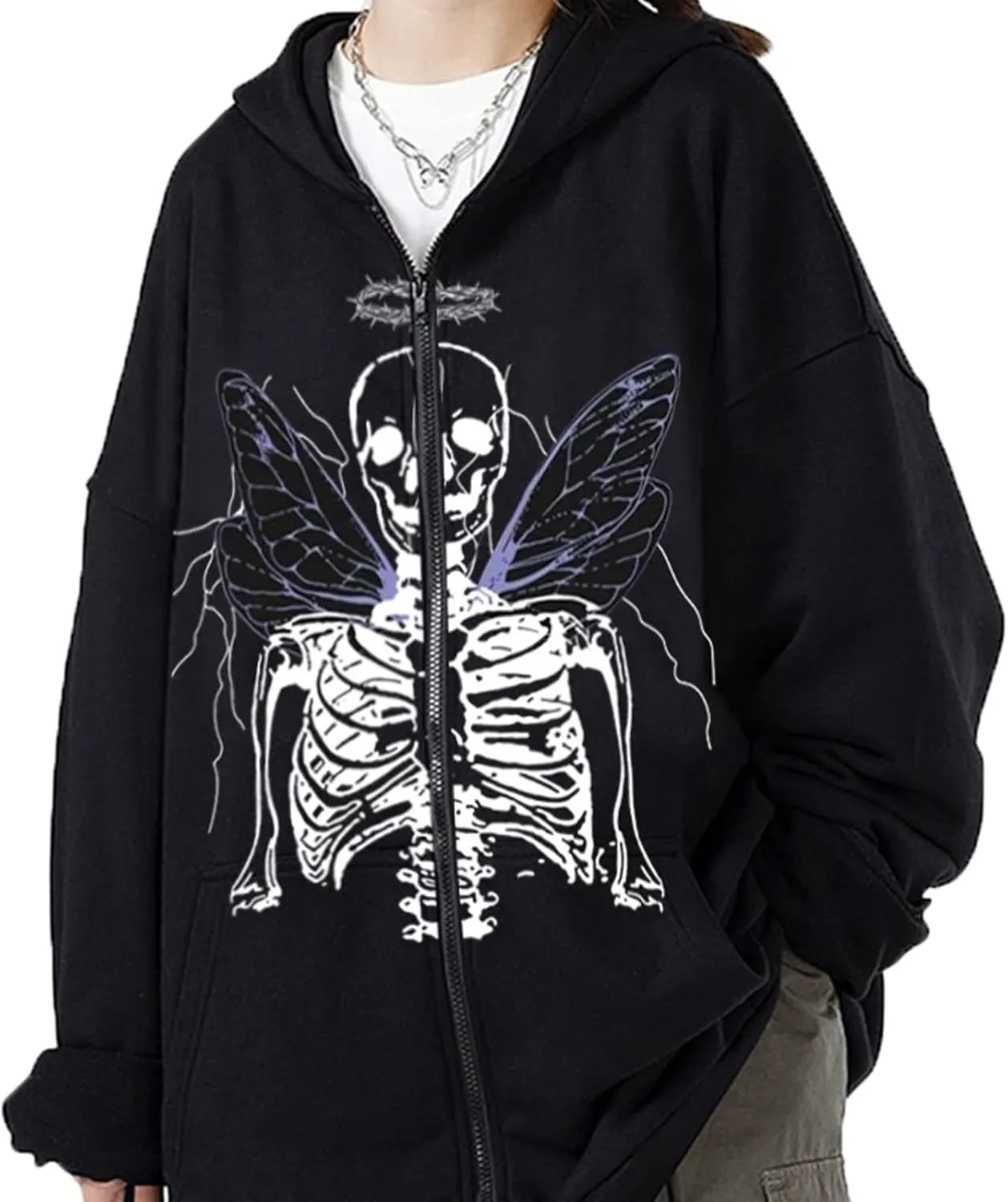 Women Men Oversized Zip Up Hoodie Sweatshirt Rhinestone Skeleton Sweatshirt Loose Fit Aesthetic Hoodies
