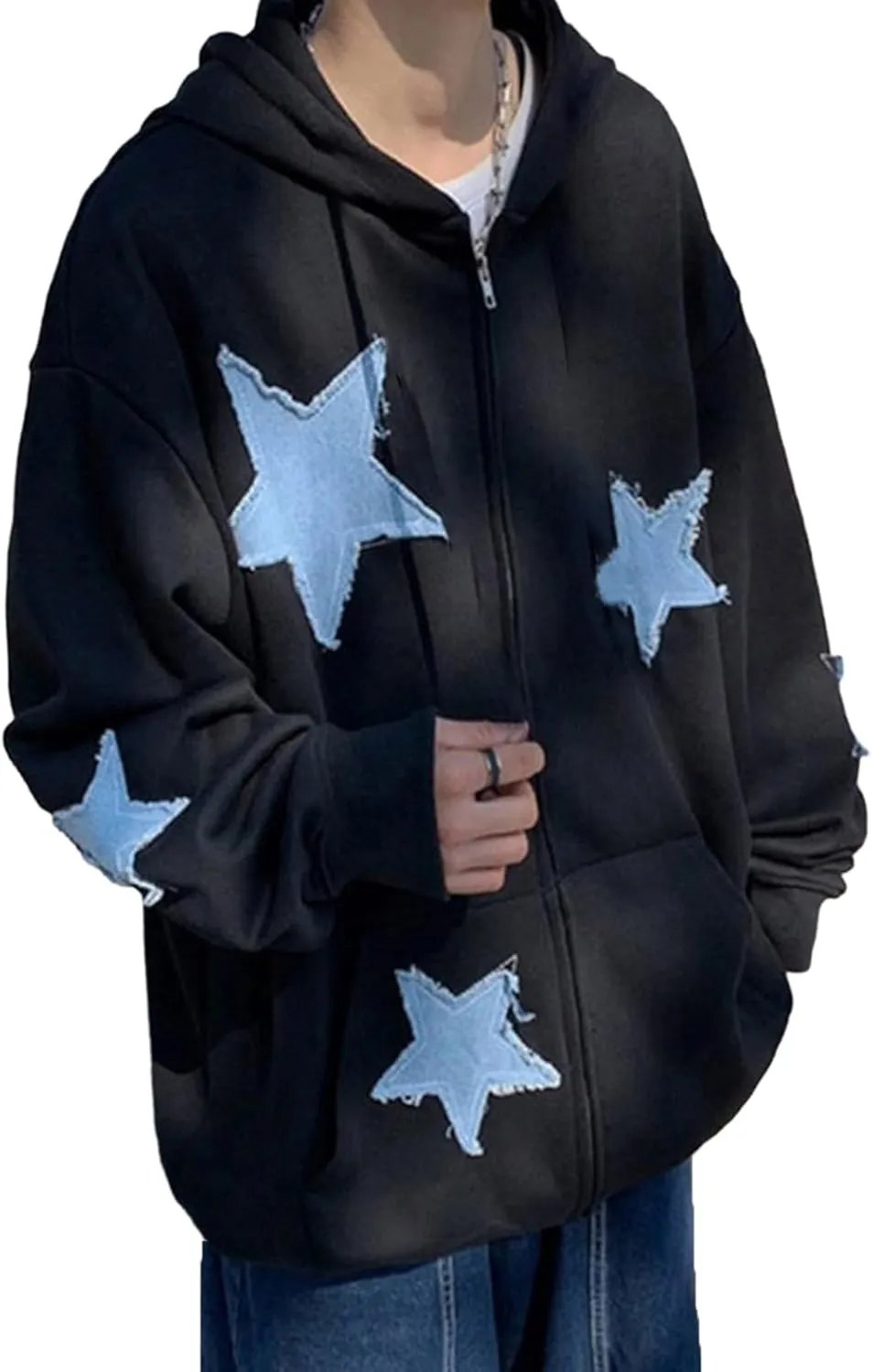 Women Men Zip Up Star Hoodie Oversized Long Sleeve Graphic Print Grunge Aesthetic Sweatshirt Jacket with Pocket Streetwear