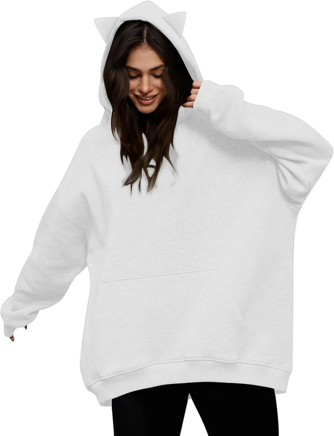 Women Plus Size Cute Cat Ear Hoodies Solid Color Fluffy Sweatshirt Baggy Casual Homewear Sweater Tops Trendy Clothing