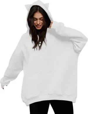 Women Plus Size Cute Cat Ear Hoodies Solid Color Fluffy Sweatshirt Baggy Casual Homewear Sweater Tops Trendy Clothing