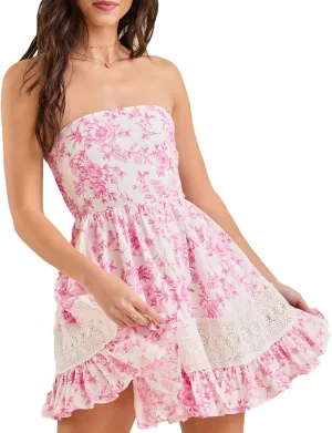 Women s Lace Patchwork Dress Sleeveless Floral Ruffle Hem Cute Tube Mini Sundress Casual Beach Bandeau Dress