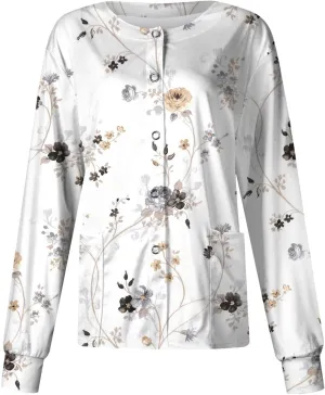 Women Scrubs Jacket Long Sleeve Snap Front Warm Up Medical Scrub Tops Butterfly Print Nurse Working Uniforms