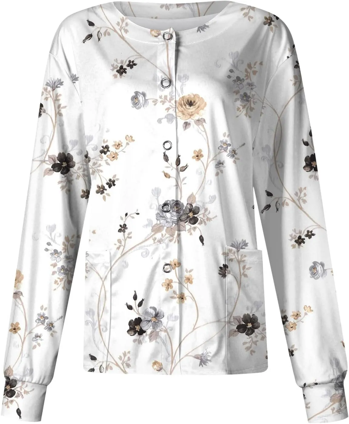 Women Scrubs Jacket Long Sleeve Snap Front Warm Up Medical Scrub Tops Butterfly Print Nurse Working Uniforms